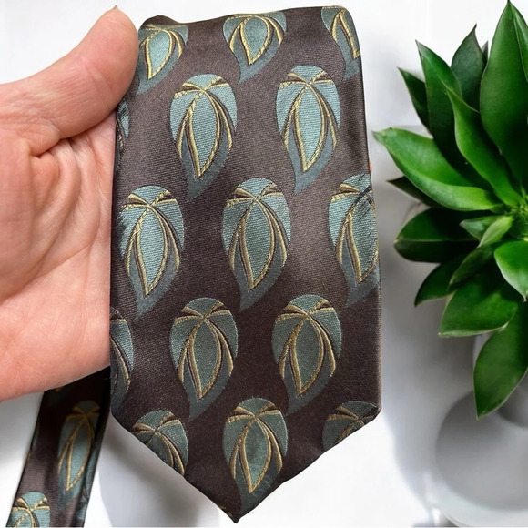 90s Vintage Giorgio Armani Cravatte Silk Necktie Abstract Leaf Brown Italy - Picture 1 of 5